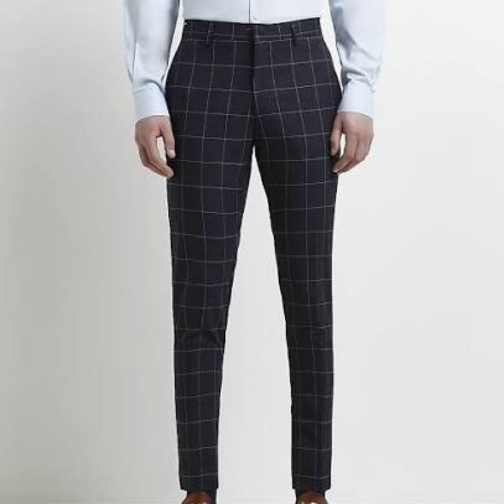 River Island navy white window pane wool blend dress pants 34 waist 32 inseam